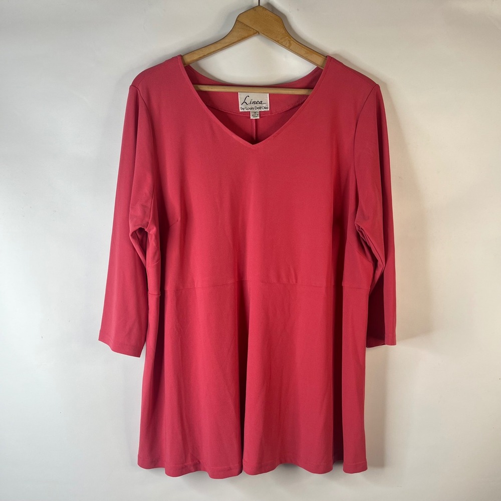 Linea Tunic Top Women 1X Pink V-Neck 3/4 Sleeve Empire Waist Crepe